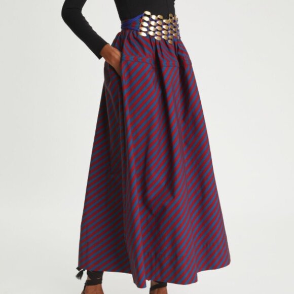Tory Burch Spring 2022 Burgundy/Blue Striped Poplin Maxi Skirt XS (Orig. $599) - Picture 2 of 10